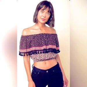 Raga Off the Shoulder Tassel Fringe Boho Top Size XS Anthropologie Crop Top NWT